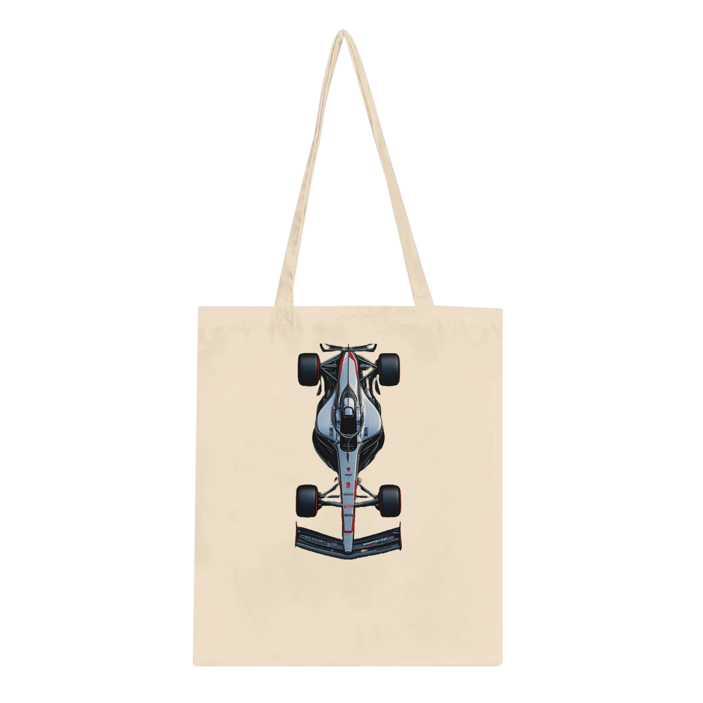 Beige F1 tote bag featuring fan inspired F1 race car