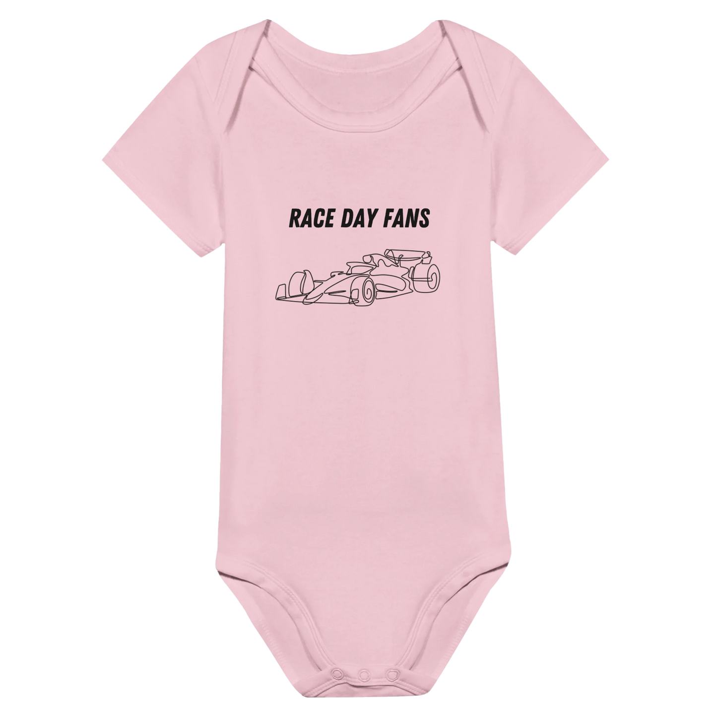 F1 kids pink onsie featuring an F1 race car and the Race Day Fans logo