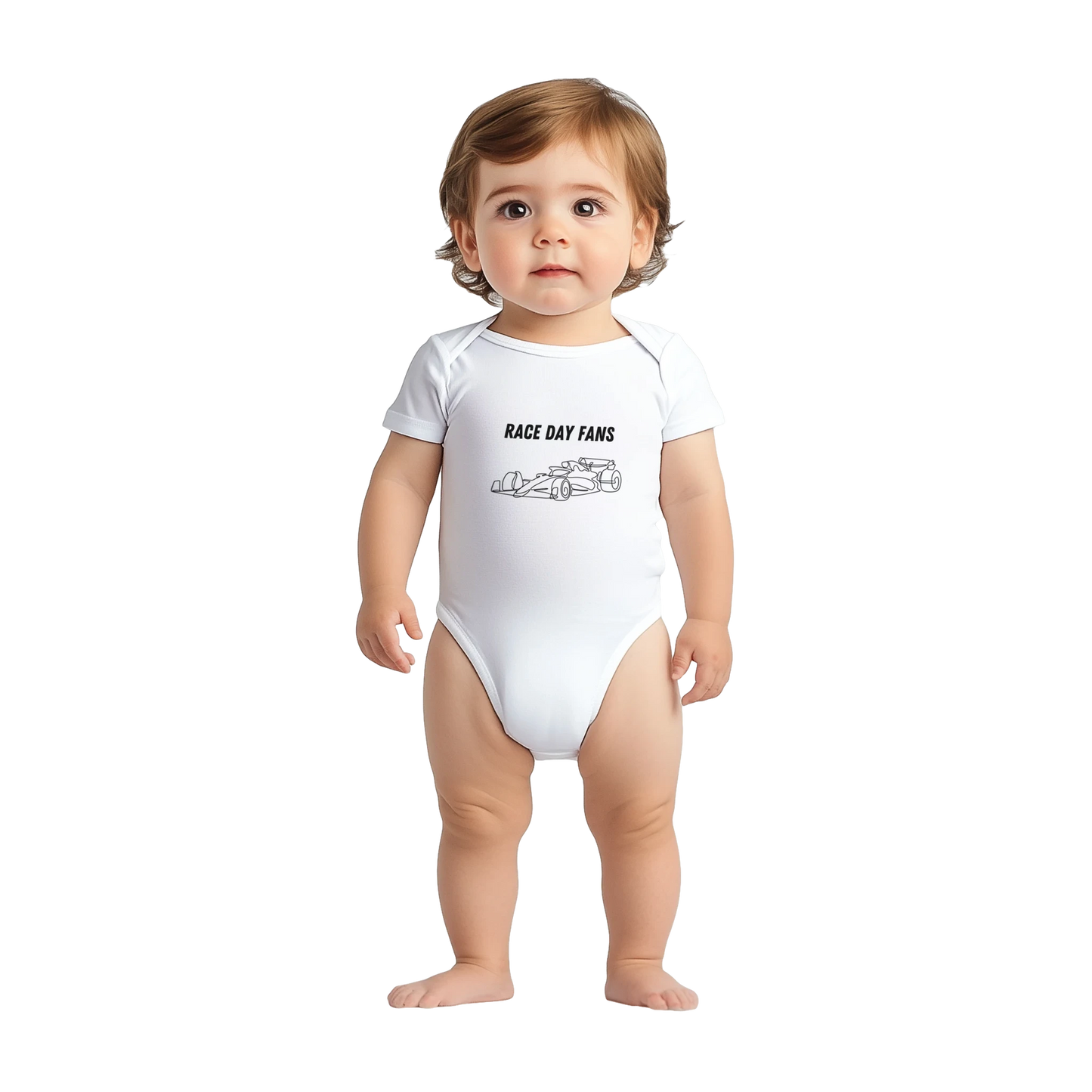 F1 kids white onsie featuring an F1 race car and the Race Day Fans logo