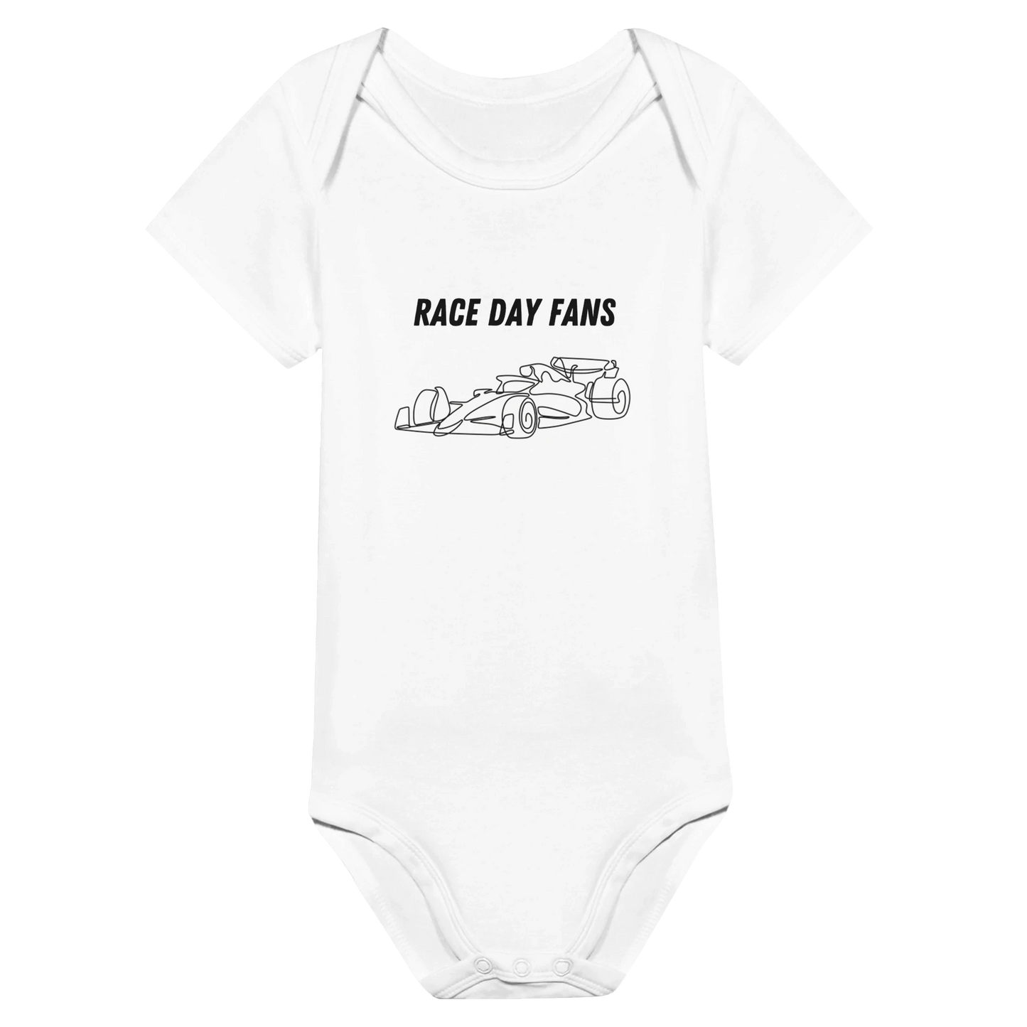 F1 kids white onsie featuring an illustrated F1 race car and the Race Day Fans logo
