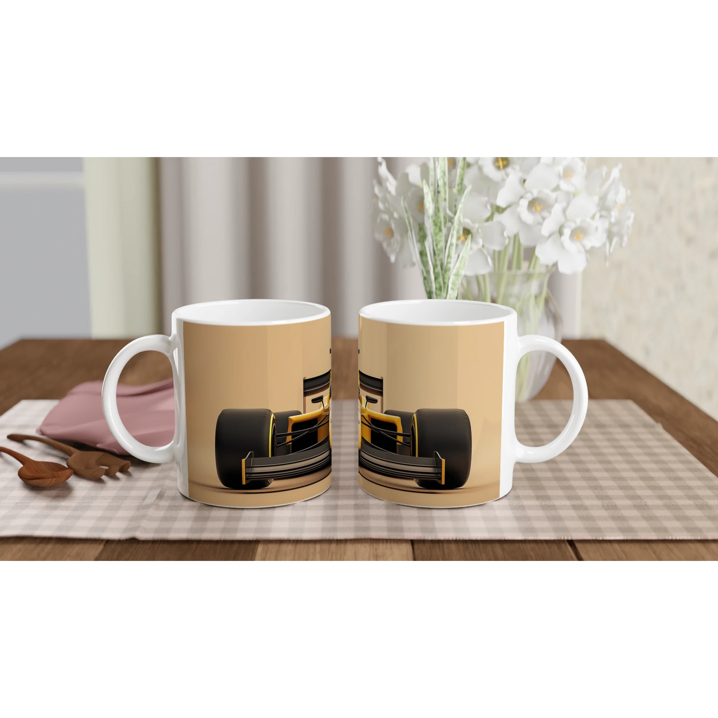 F1 mug in featuring yellow F1 race car sitting side by side on table