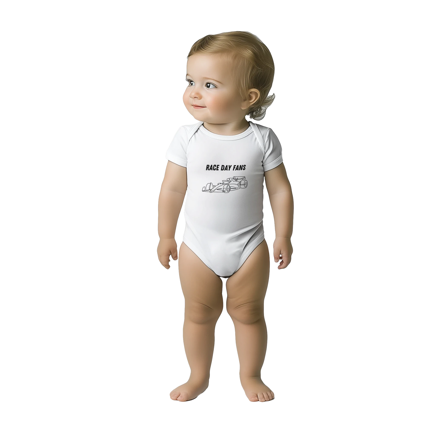 Kids F1 white onsie featuring an F1 race car and the Race Day Fans logo