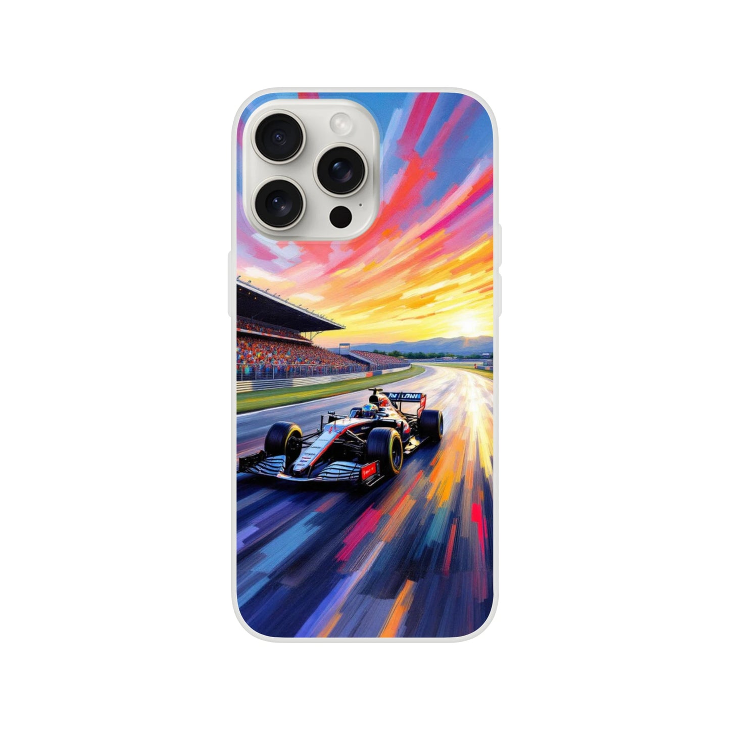 Race car flexi phone case featuring an F1 car on the track at sunset