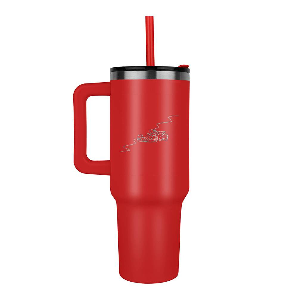 Red water bottle tumbler featuring illustrated track and F1 race car