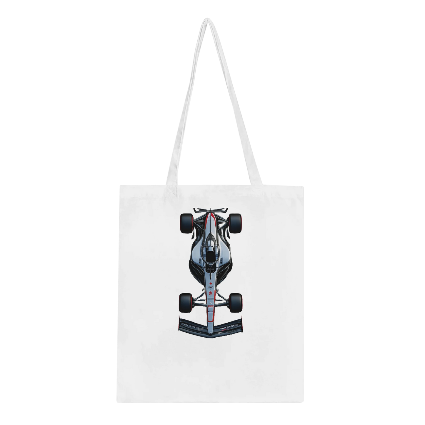 White F1 tote bag featuring fan inspired F1 race car