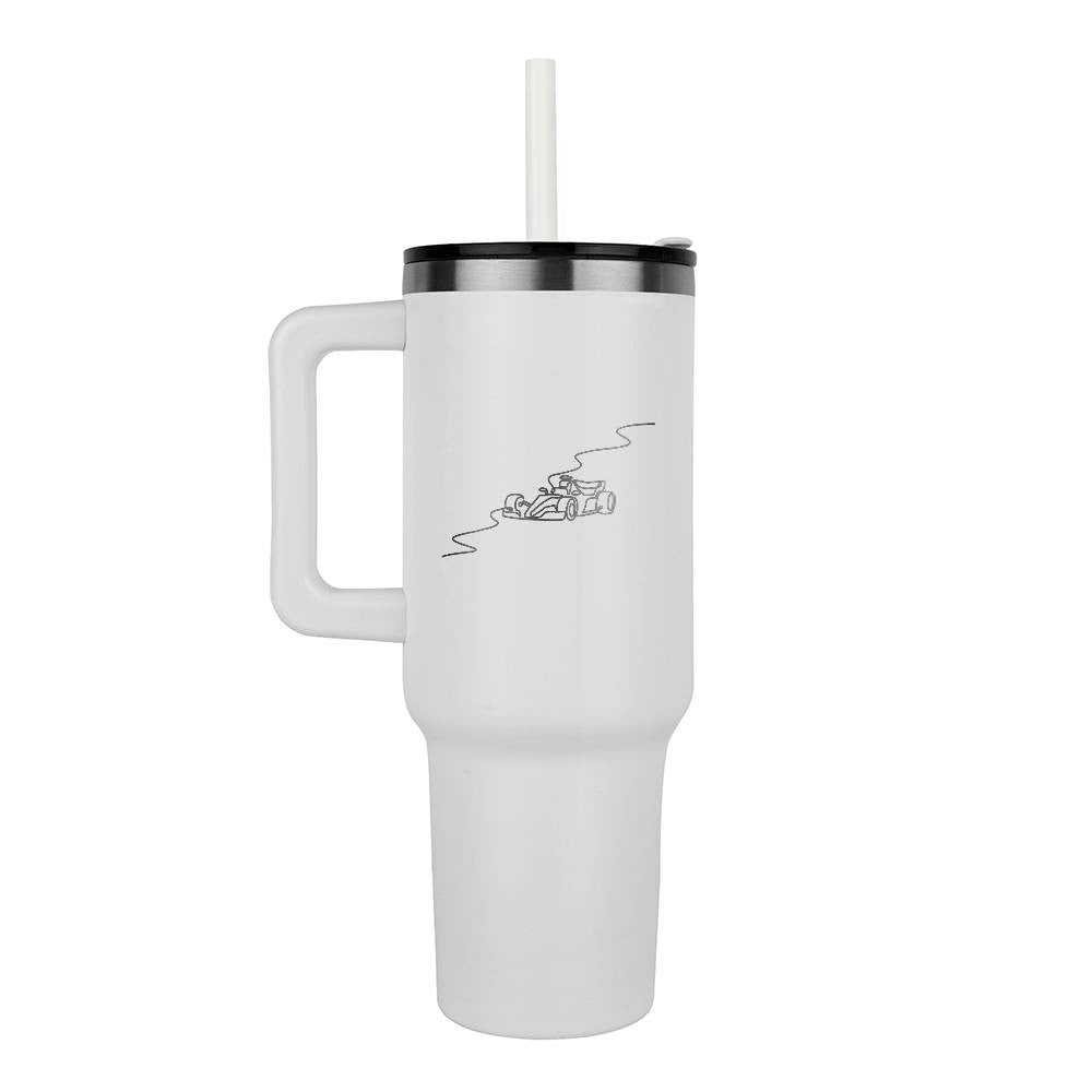 White tumbler featuring illustrated track and race car