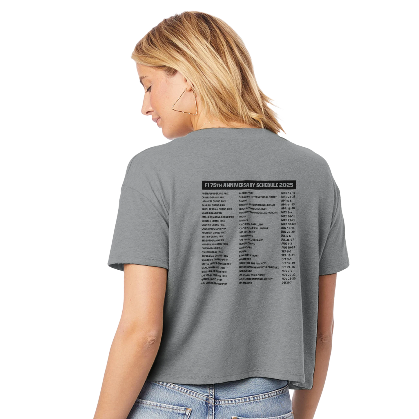 Womens grey cropped F1 fan inspired merch Tshirt featuring 75th anniversary schedule