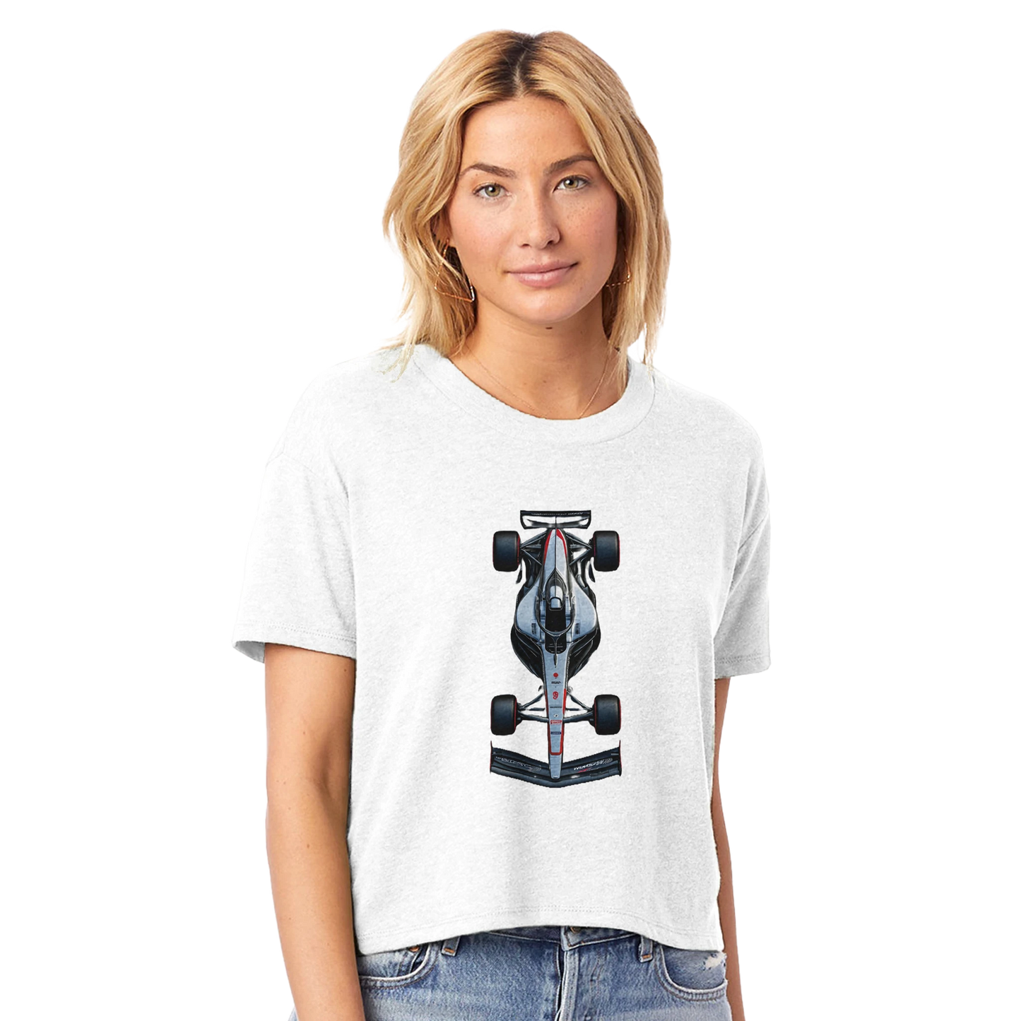 Womens white cropped F1 fan inspired merch Tshirt featuring illustrated F1 race car