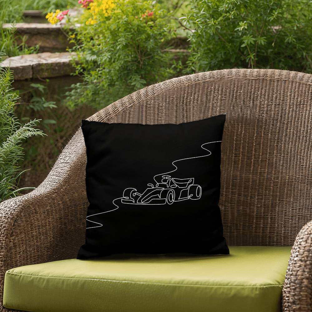 formula 1 pillow in black featuring white illustrated track and race car