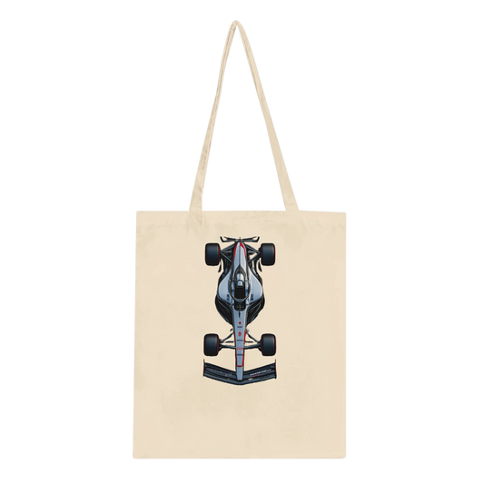 Beige F1 tote bag featuring fan inspired F1 race car