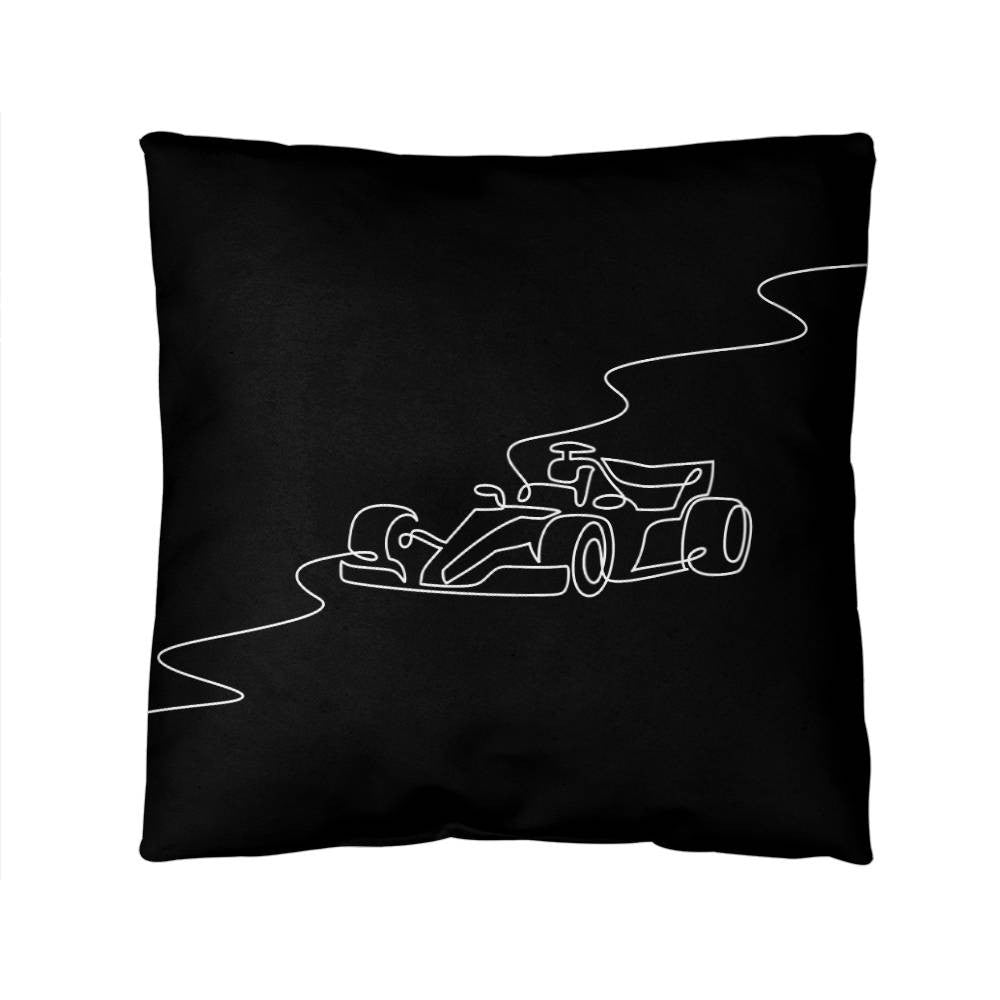 Black F1 fan inspired merch black pillow with white illustrated track and race car