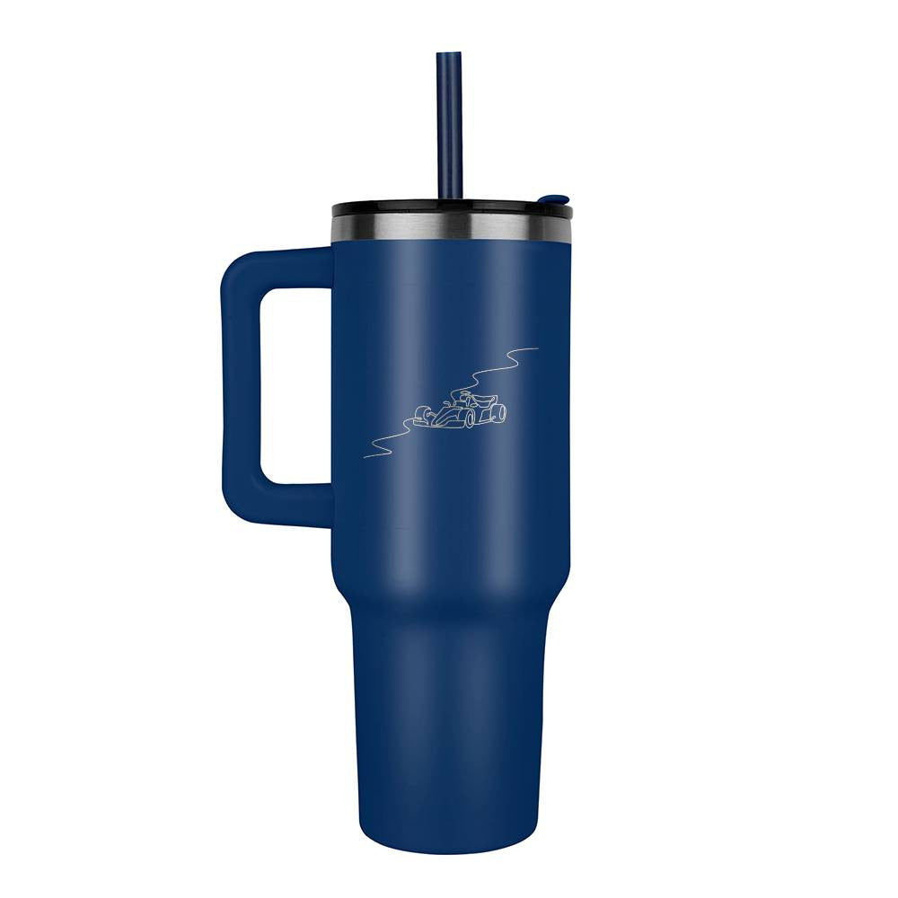 Blue water bottle tumbler featuring illustrated track and F1 race car