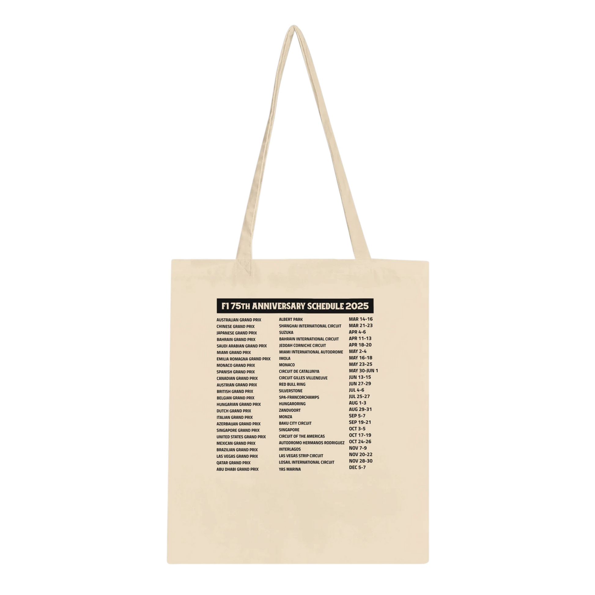 F1 Tote bag featuring F1 tour schedule