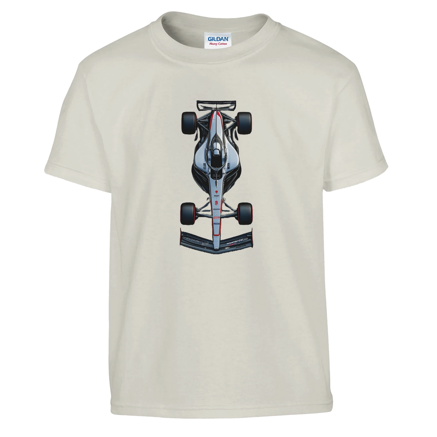 F1 fan inspired merch beige t-shirt featuring an illustrated F1 race car