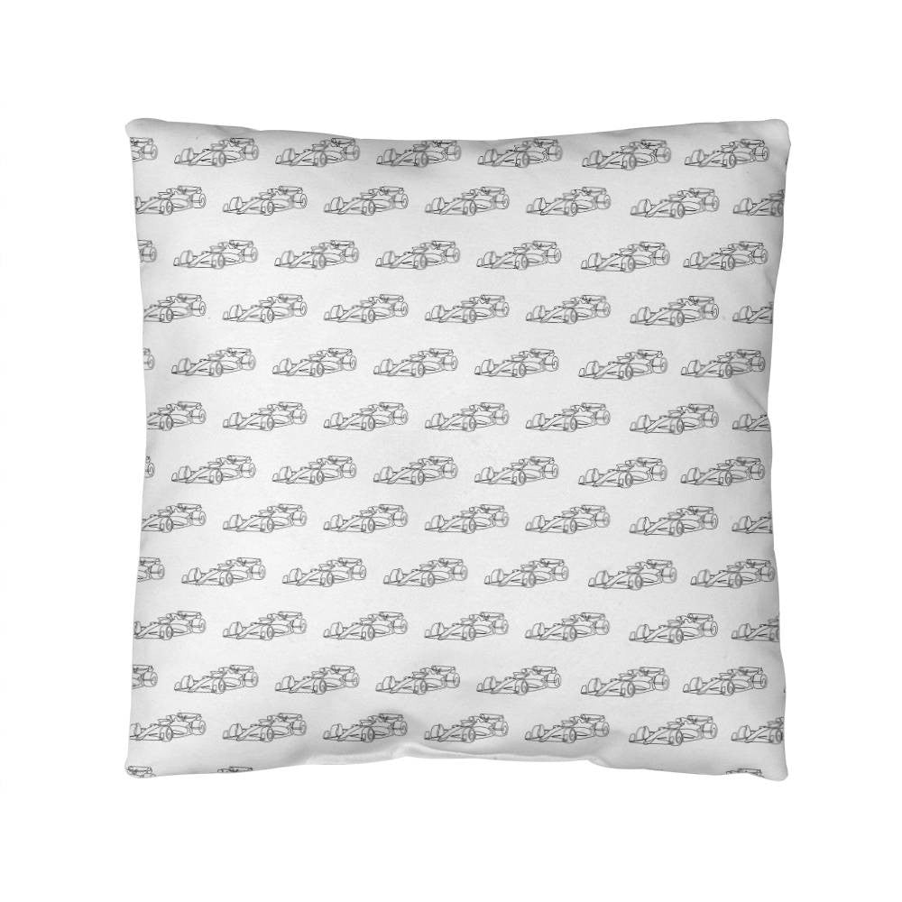 F1 fan inspired pillow that's white with black F1 cars