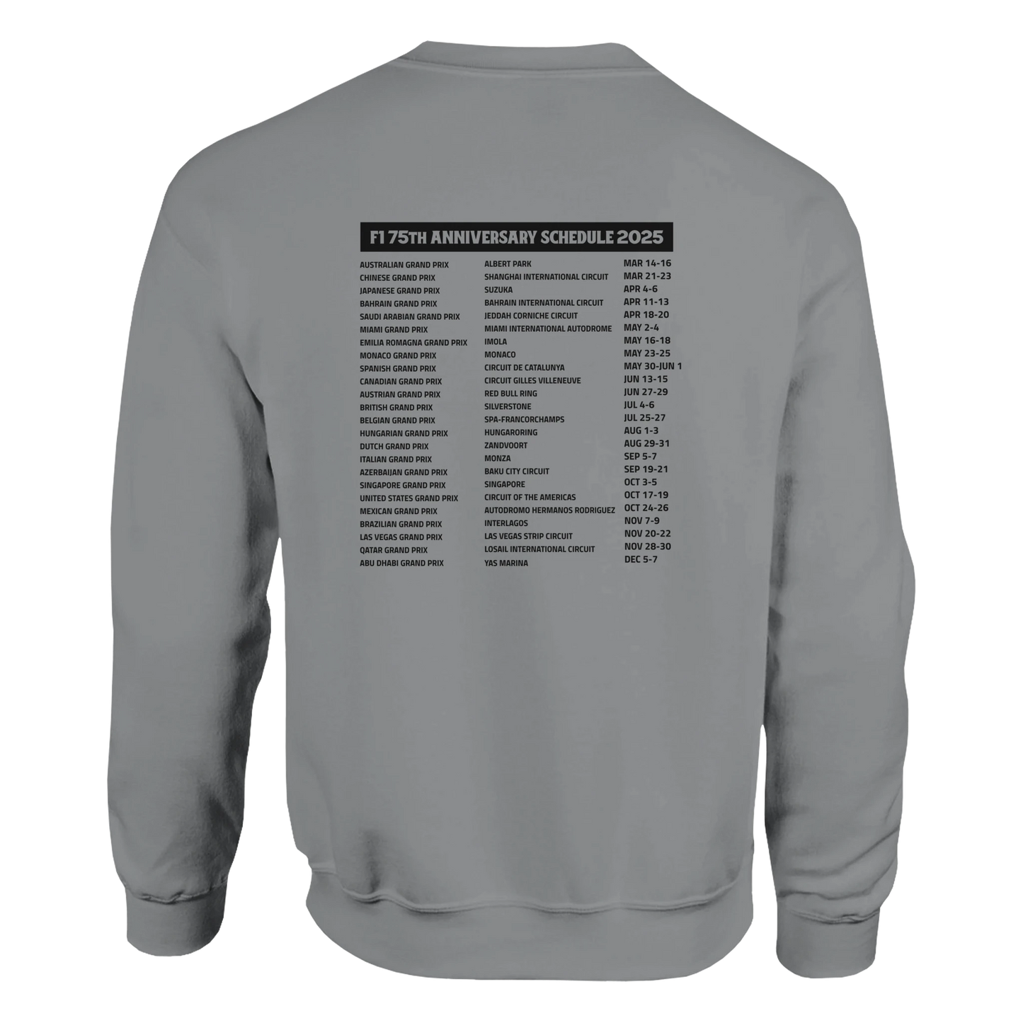 F1 fan merch long sleeved grey crewneck sweater featuring 75th anniversary tour date schedule