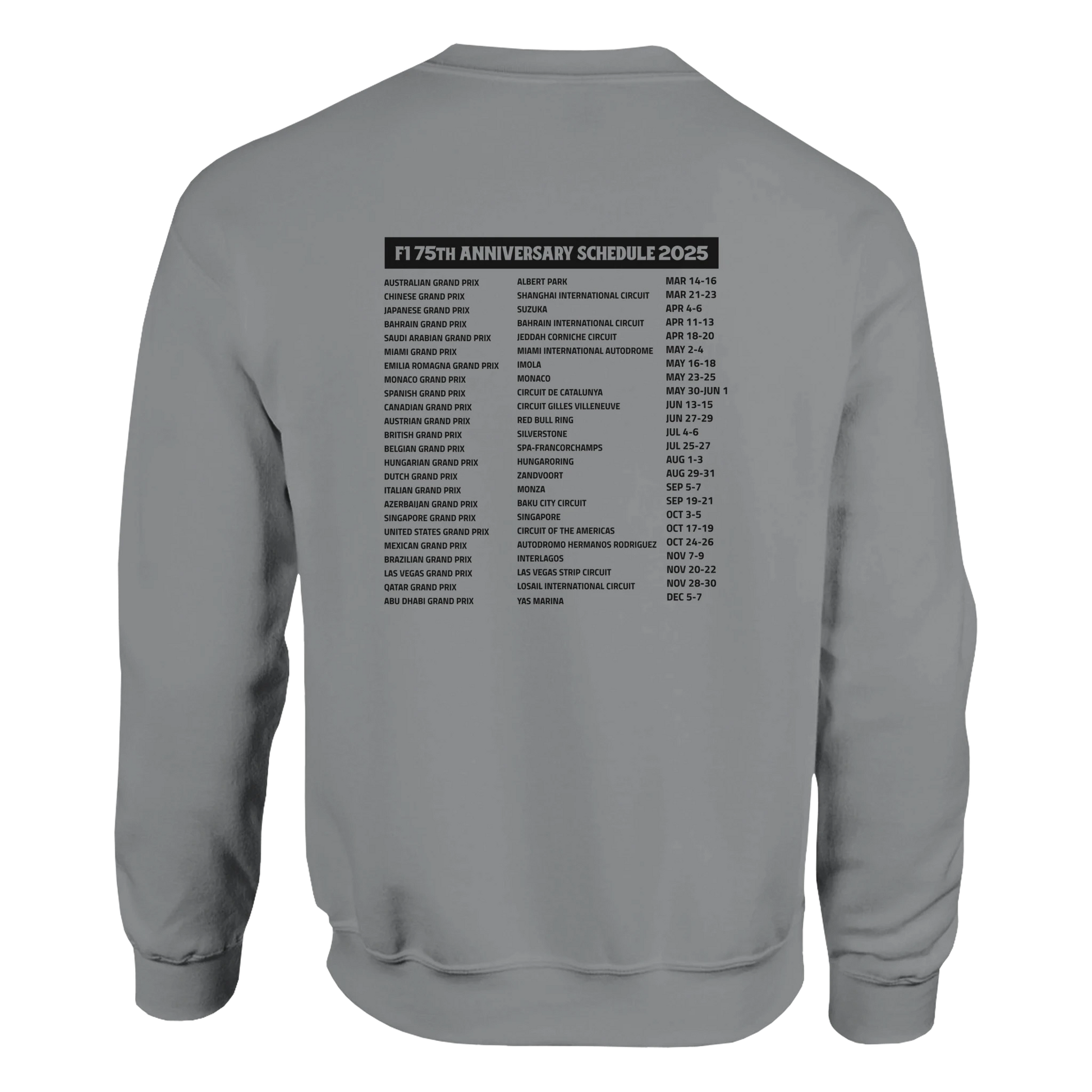 F1 fan merch long sleeved grey crewneck sweater featuring 75th anniversary tour date schedule