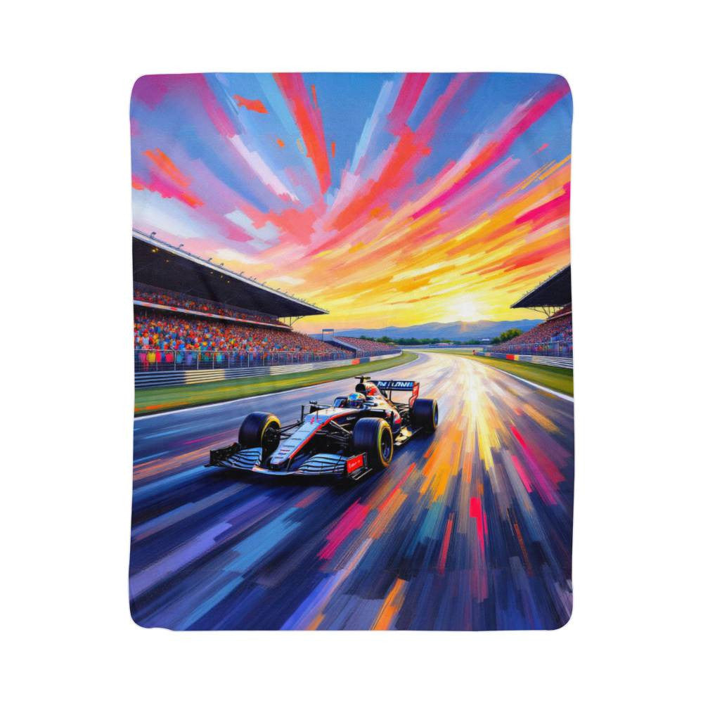 F1 fleece blanket featuring a race car on the the circuit at sunset