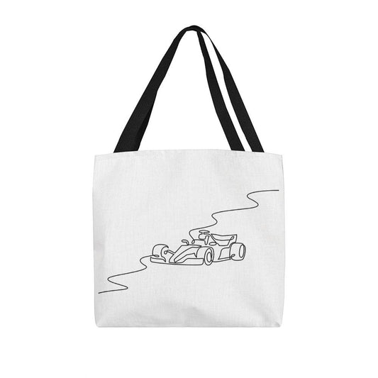 F1 inspired merch tote back featuring black handles and illustrated track and race car