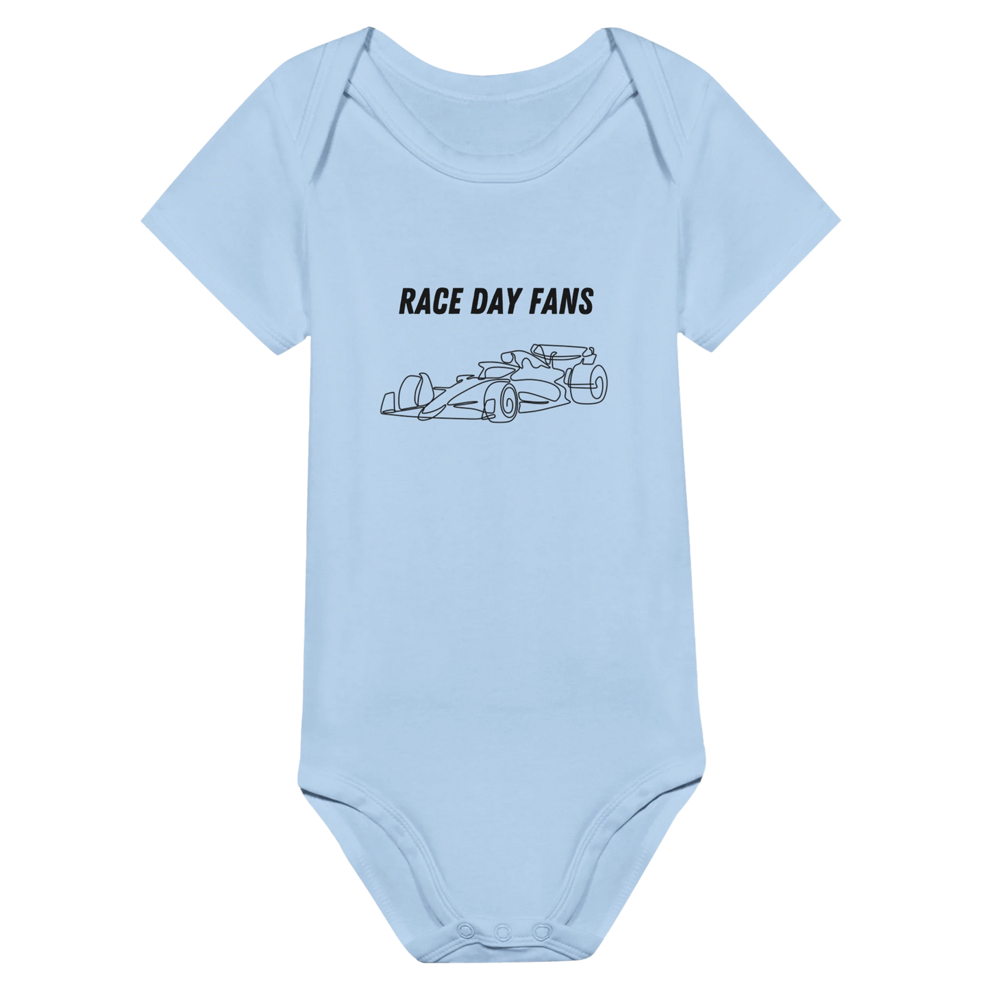 F1 kids blue onsie featuring an F1 race car and the Race Day Fans logo