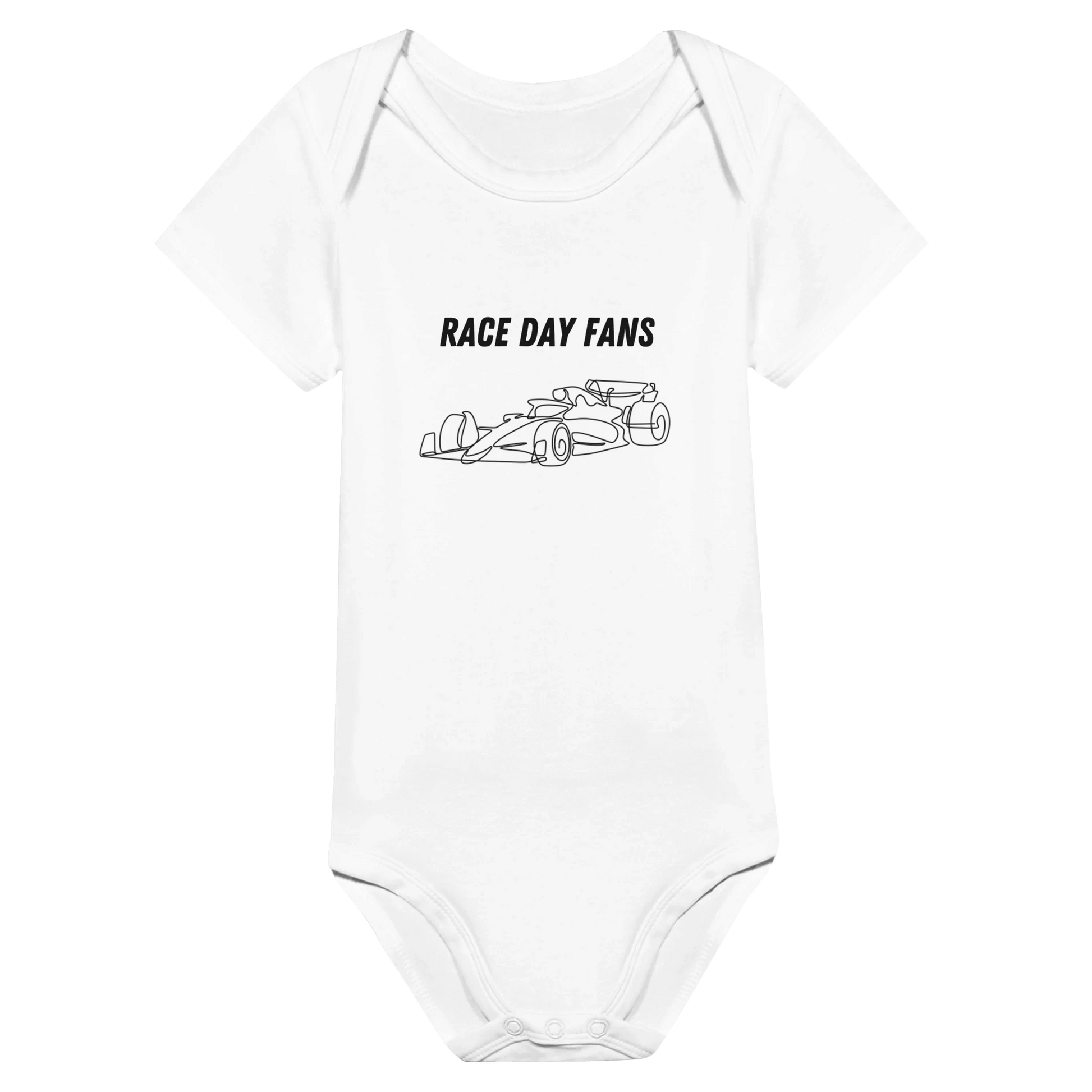 F1 kids white onsie featuring an illustrated F1 race car and the Race Day Fans logo