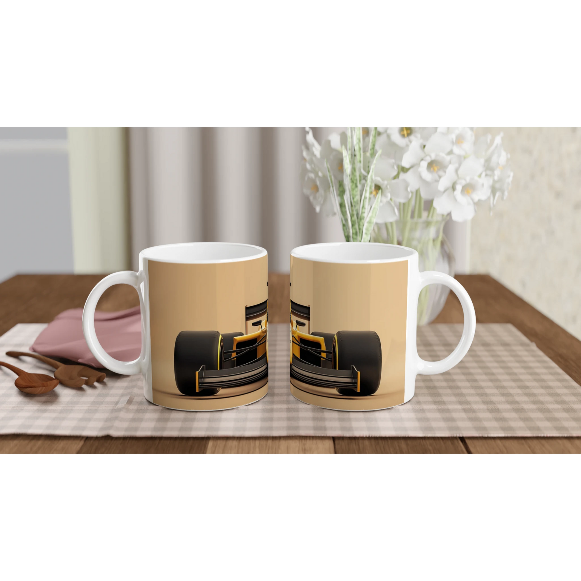 F1 mug in featuring yellow F1 race car sitting side by side on table
