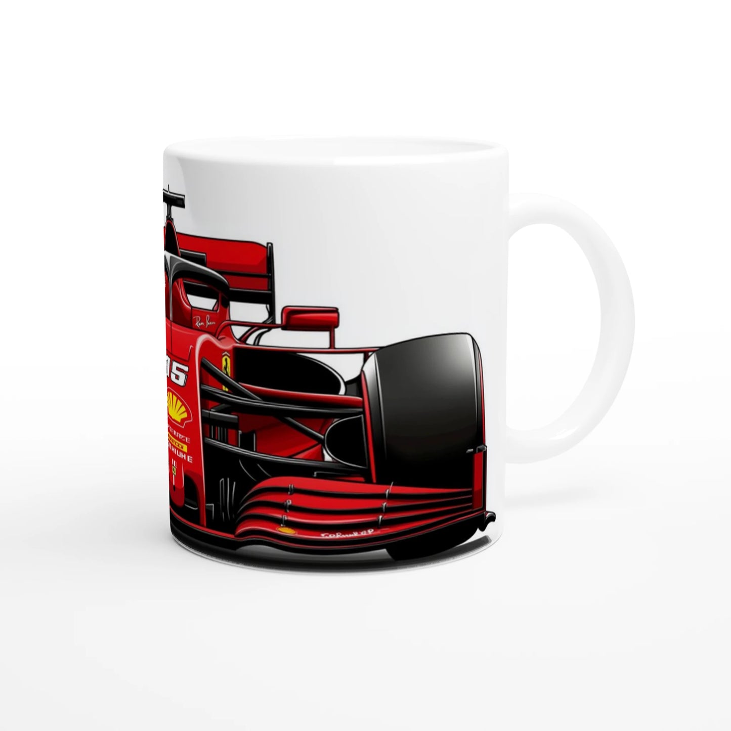 F1 mug in white featuring red F1 race car
