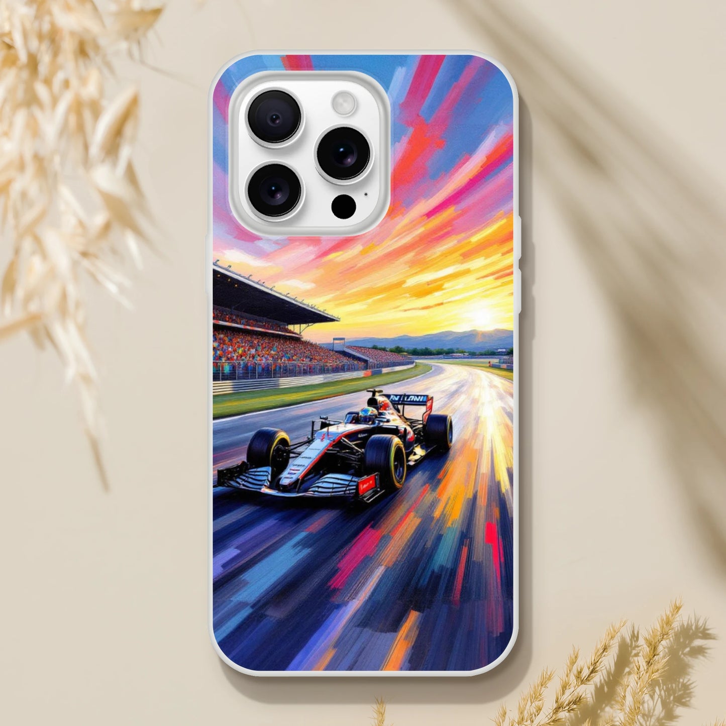 F1 phone case inspired by the F1 circuit at sunset