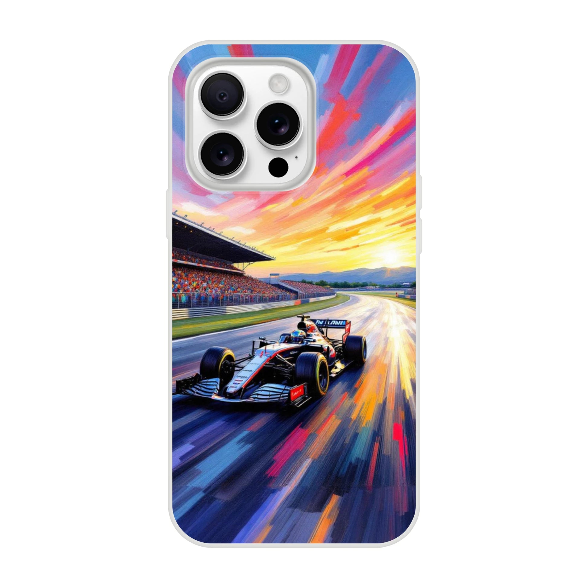 Flexi F1 phone case featuring an F1 race car on the track at sunset