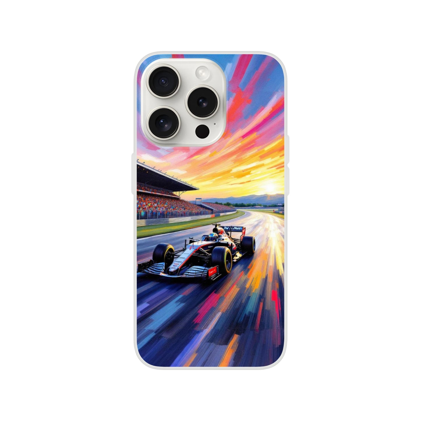 Formula 1 Flexi case featuring a race car on the circuit at sunset