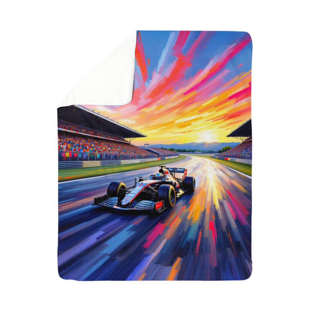 Formula 1 blanket featuring an F1 race car on the track at sunset