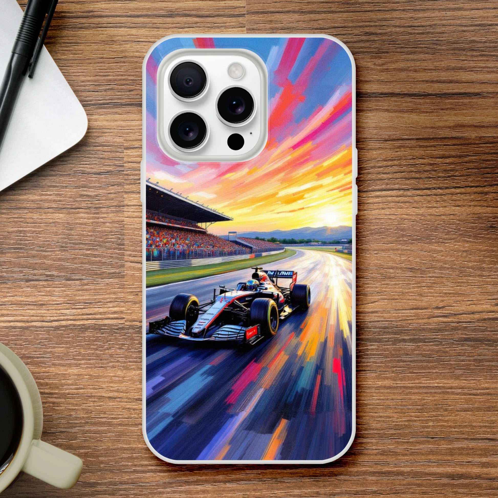Formula 1 inspired flexi phone case featuring a race car at sunset