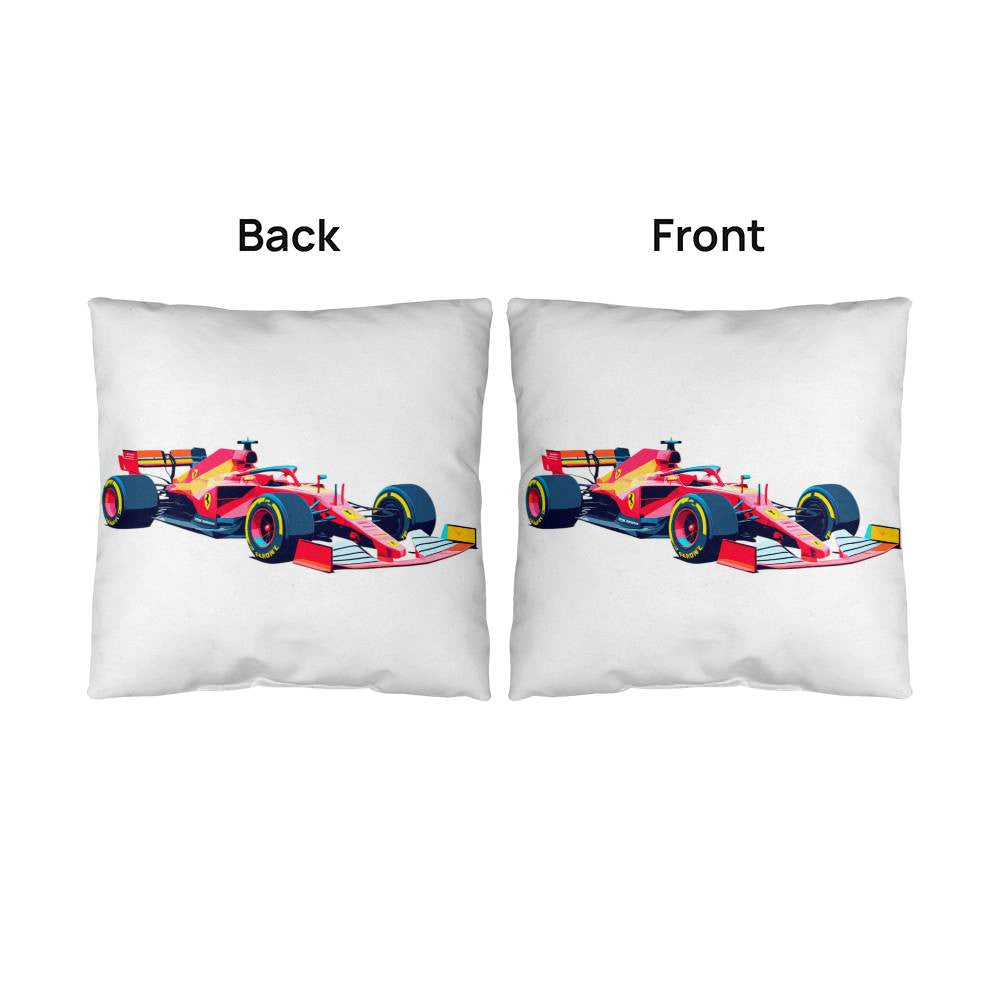Front and back images of a white fan inspired merch pillow featuring a red f1 race car on both sides