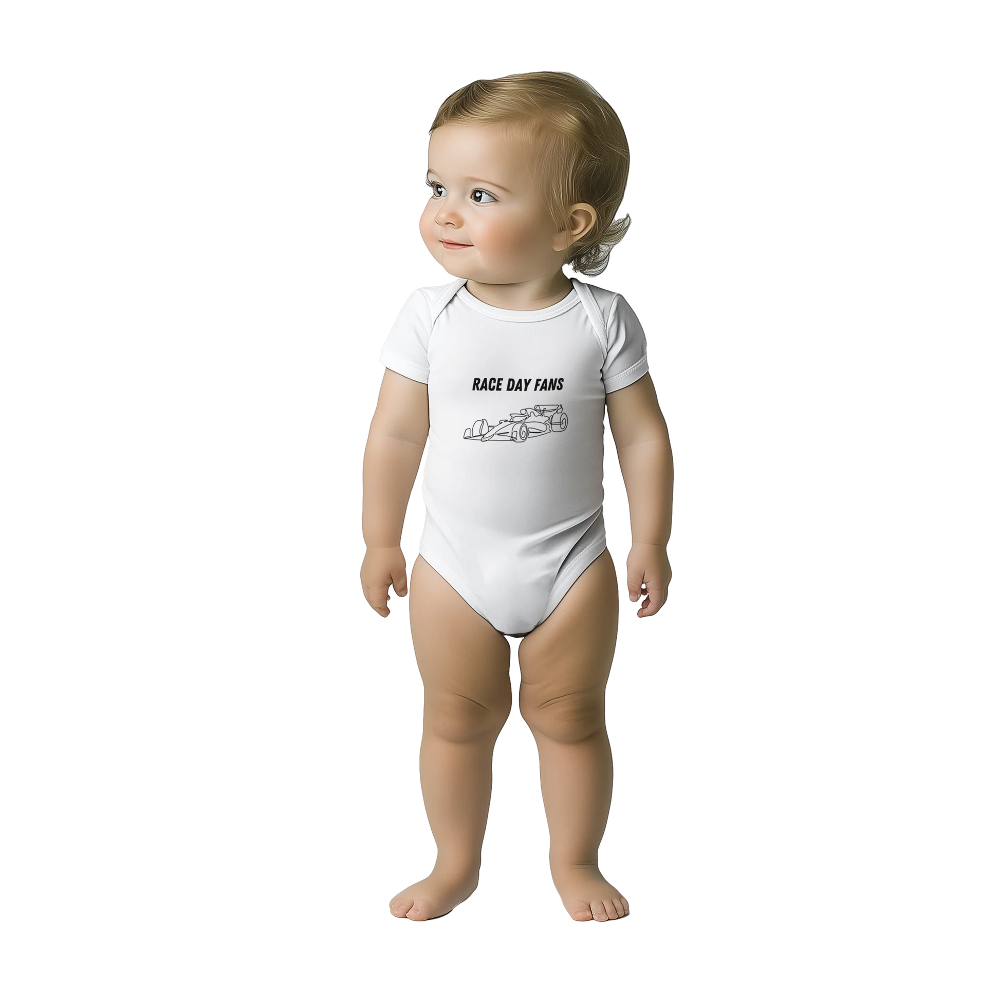 Kids F1 white onsie featuring an F1 race car and the Race Day Fans logo