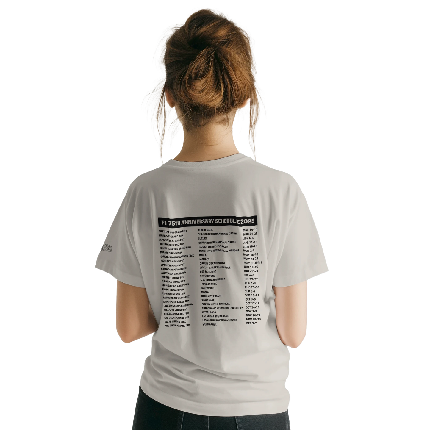 Kids beige F1 fan merch Tshirt featuring 75th anniversary schedule