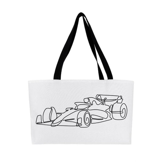 Large white tote bag featuring illustrated F1 race car