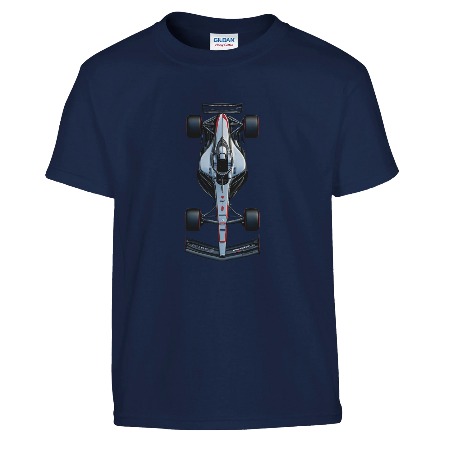 Navy f1 fan inspired merch t-shirt featuring an illustrated F1 race car