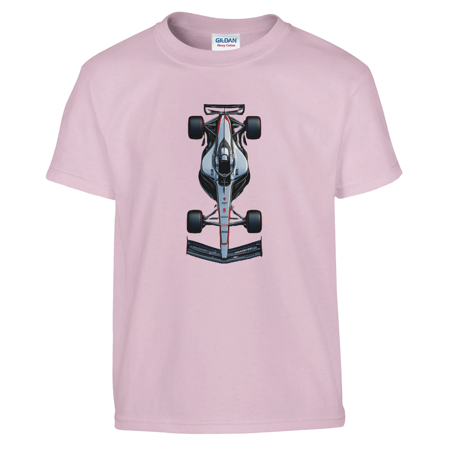 Pink F1 fan inspired merch t-shirt featuring an illustrated F1 race car