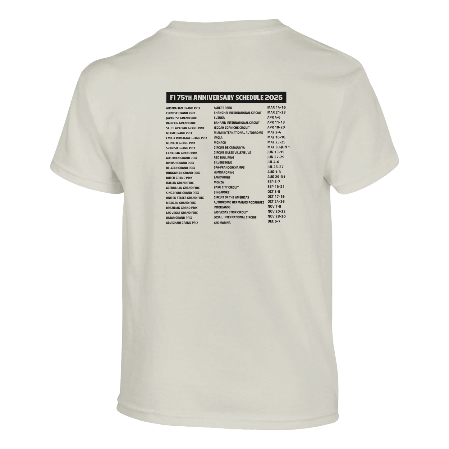 White F1 fan inspired merch T-shirt featuring the 75th anniversary tour schedule