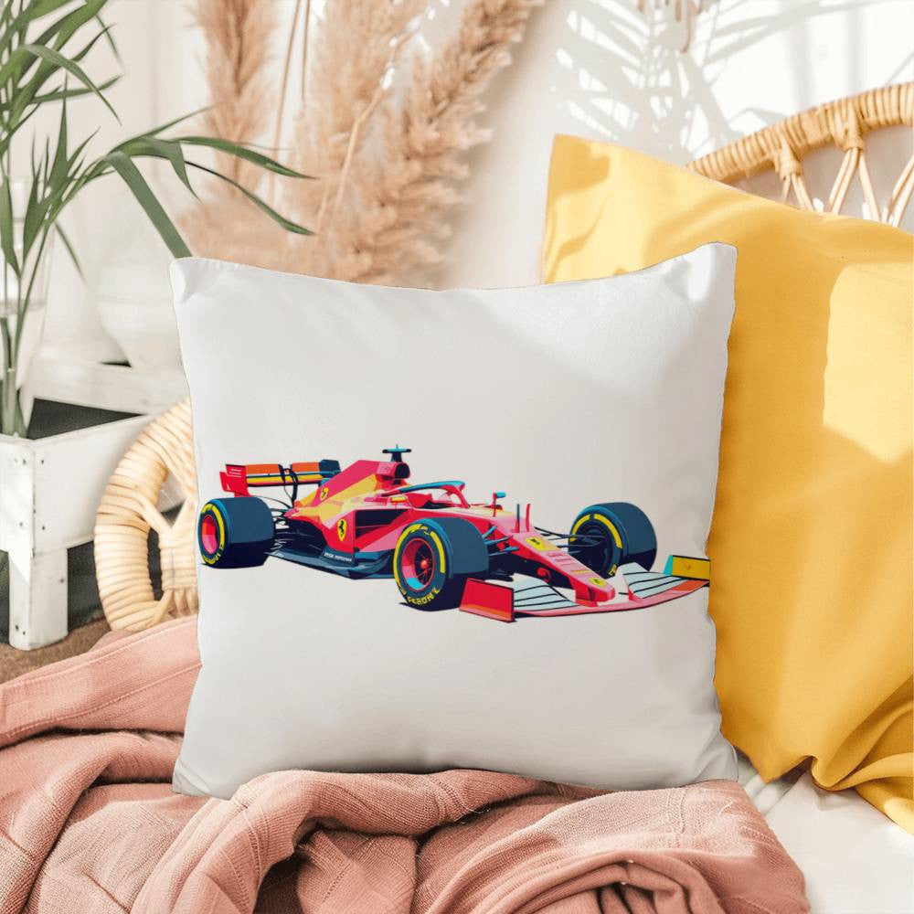 White F1 fan inspired merch pillow featuring a red F1 race car