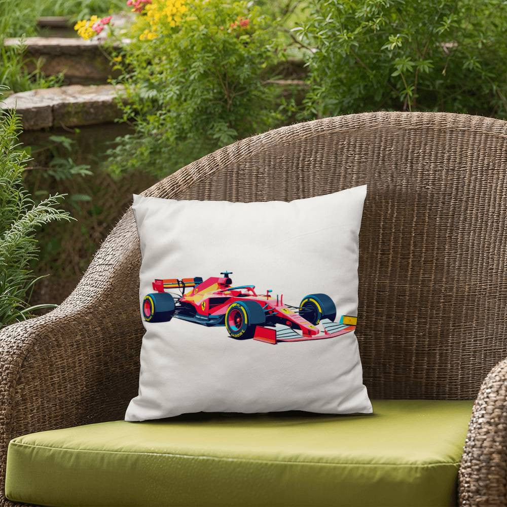 White F1 fan inspired merch pillow featuring a red F1 race car on a patio chair