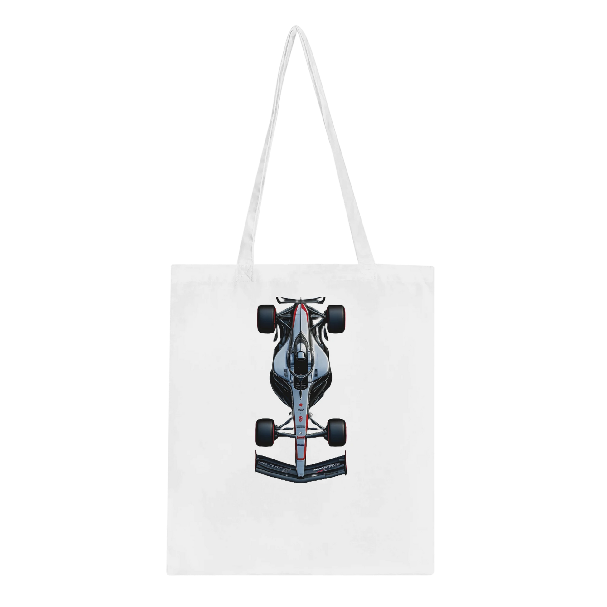 White F1 tote bag featuring fan inspired F1 race car