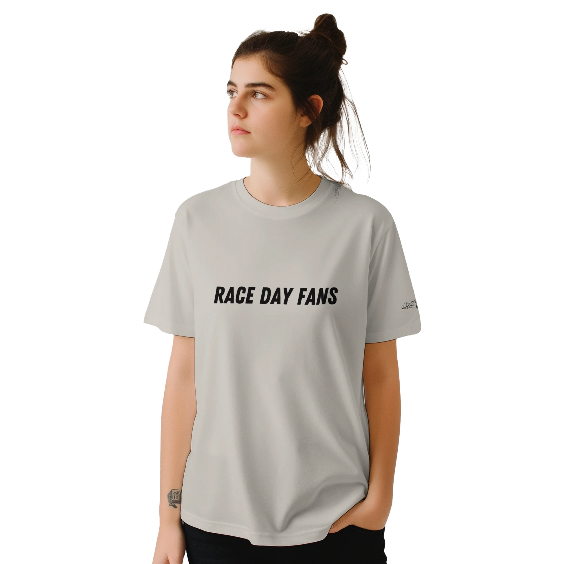  beige F1 fan merch Tshirt featuring 75th anniversary schedule and Race Day Fans text