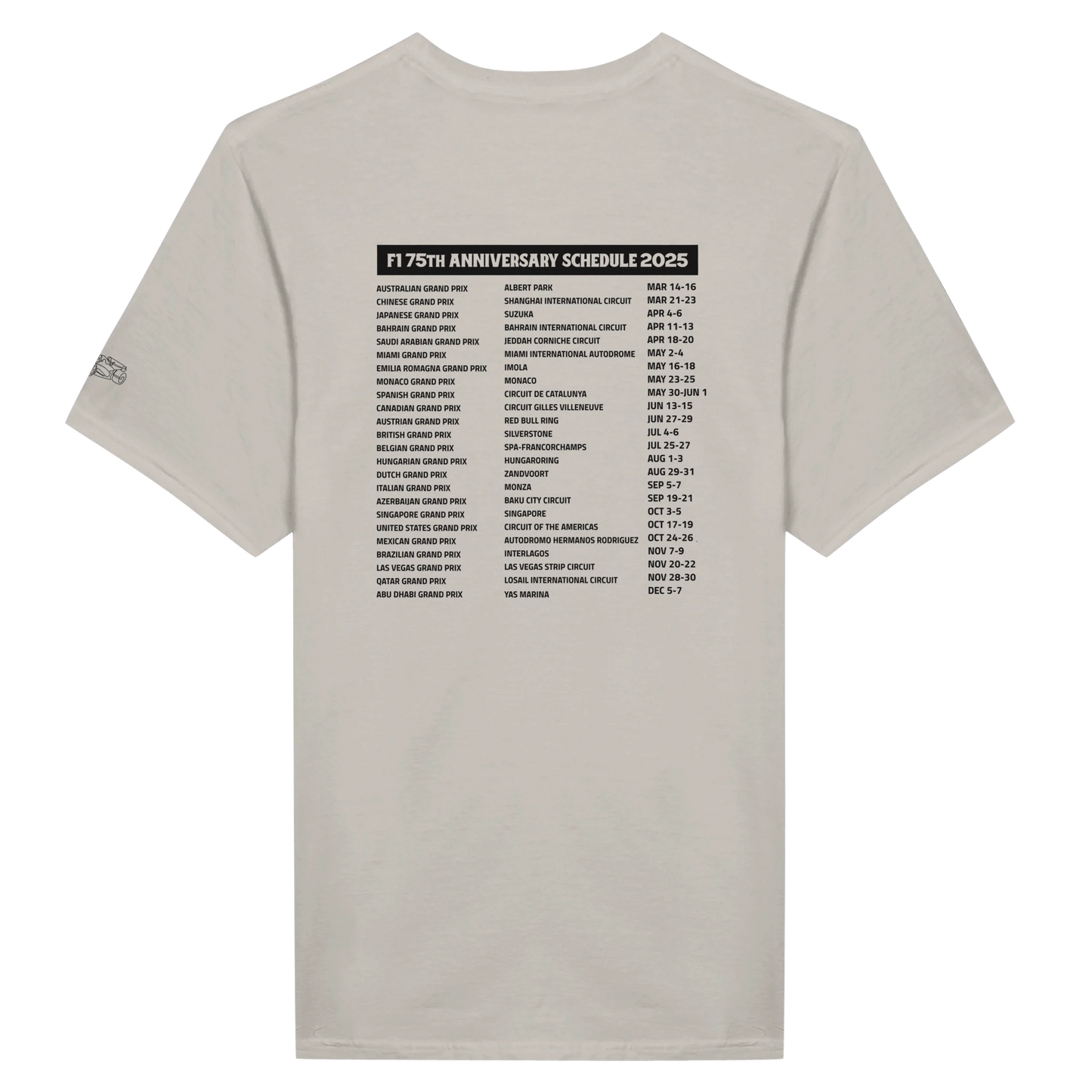 beige F1 fan merch Tshirt featuring 75th anniversary schedule