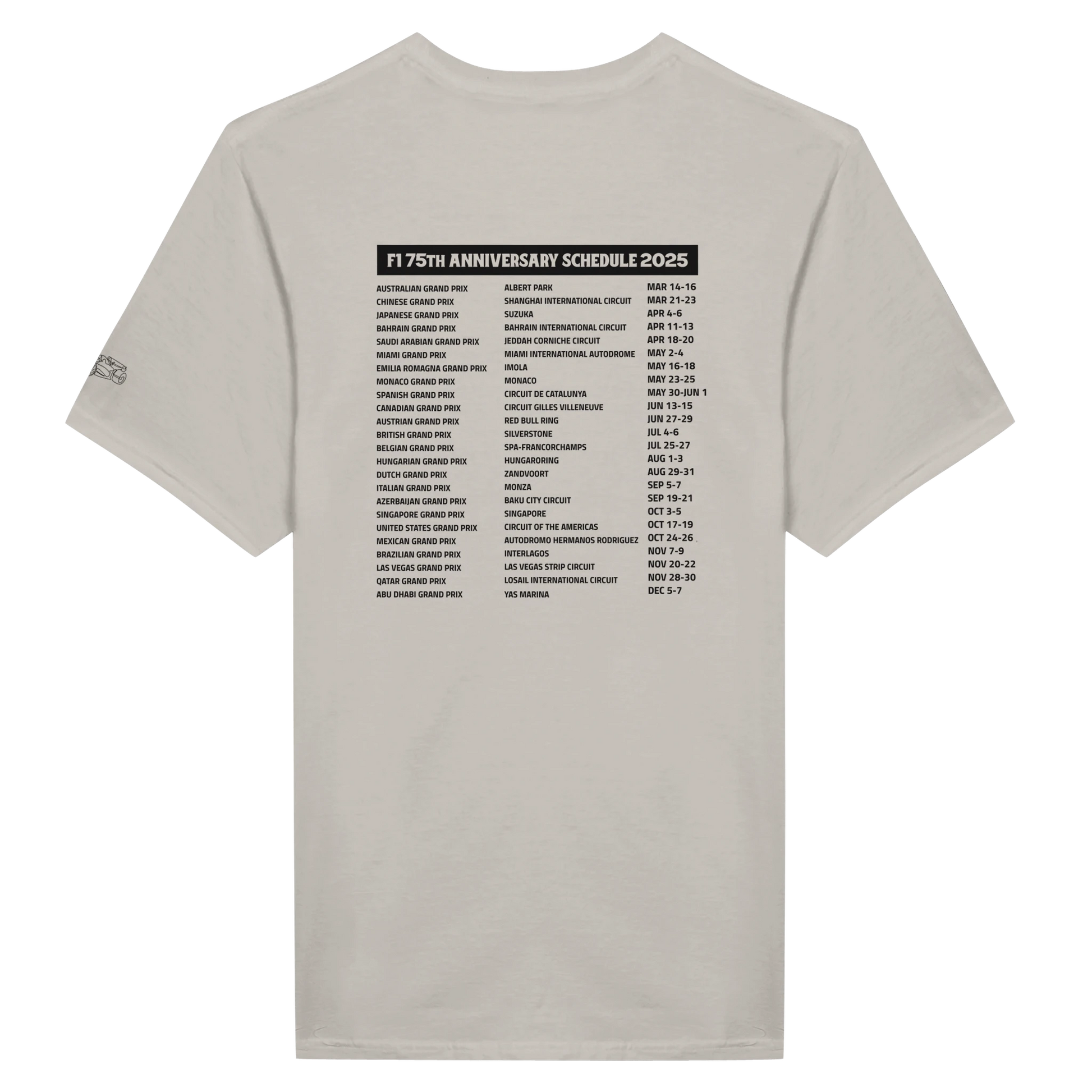 beige F1 fan merch Tshirt featuring 75th anniversary schedule