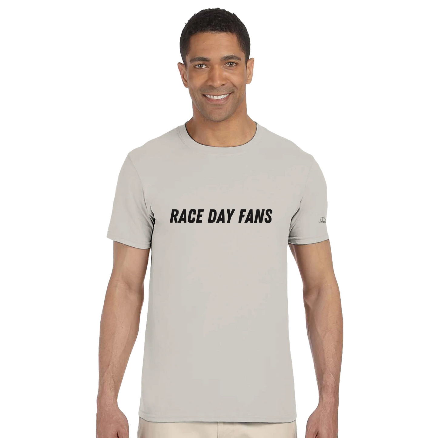 beige F1 fan merch Tshirt featuring 75th anniversary schedule and Race Day Fans Text on front