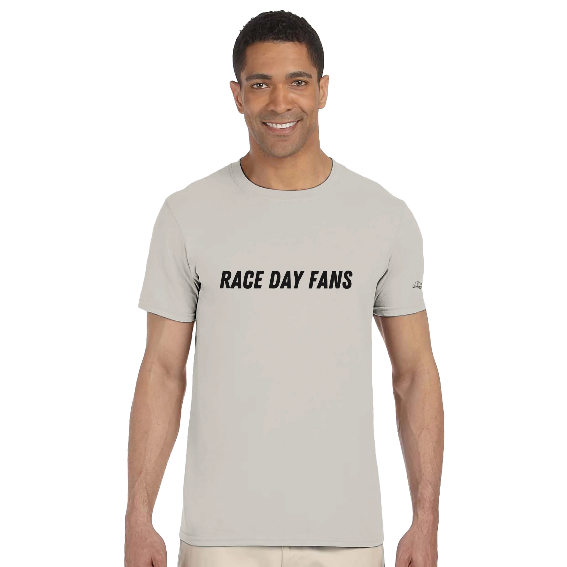 beige F1 fan merch Tshirt featuring 75th anniversary schedule and Race Day Fans Text on front