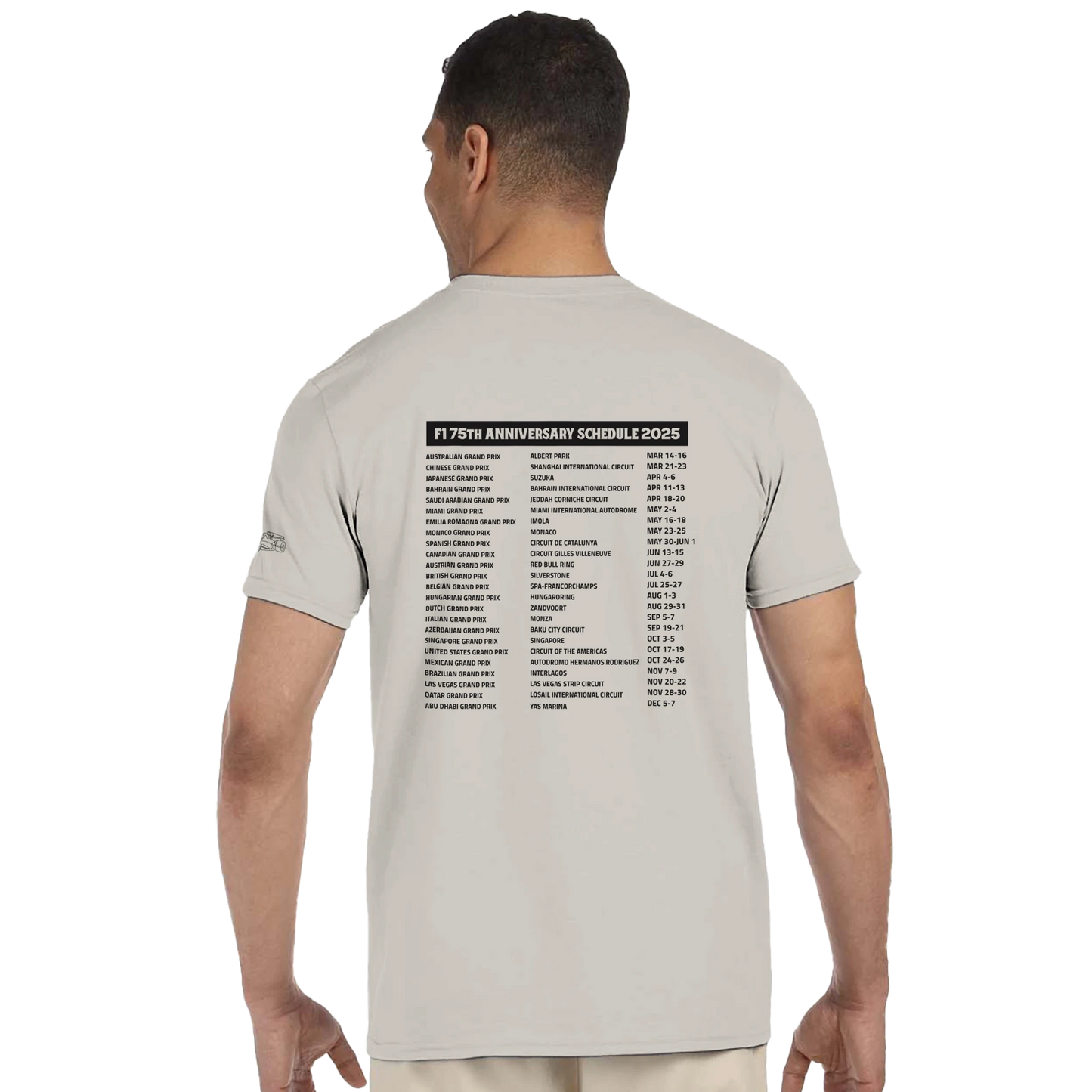 beige F1 fan merch Tshirt featuring 75th anniversary schedule on the back