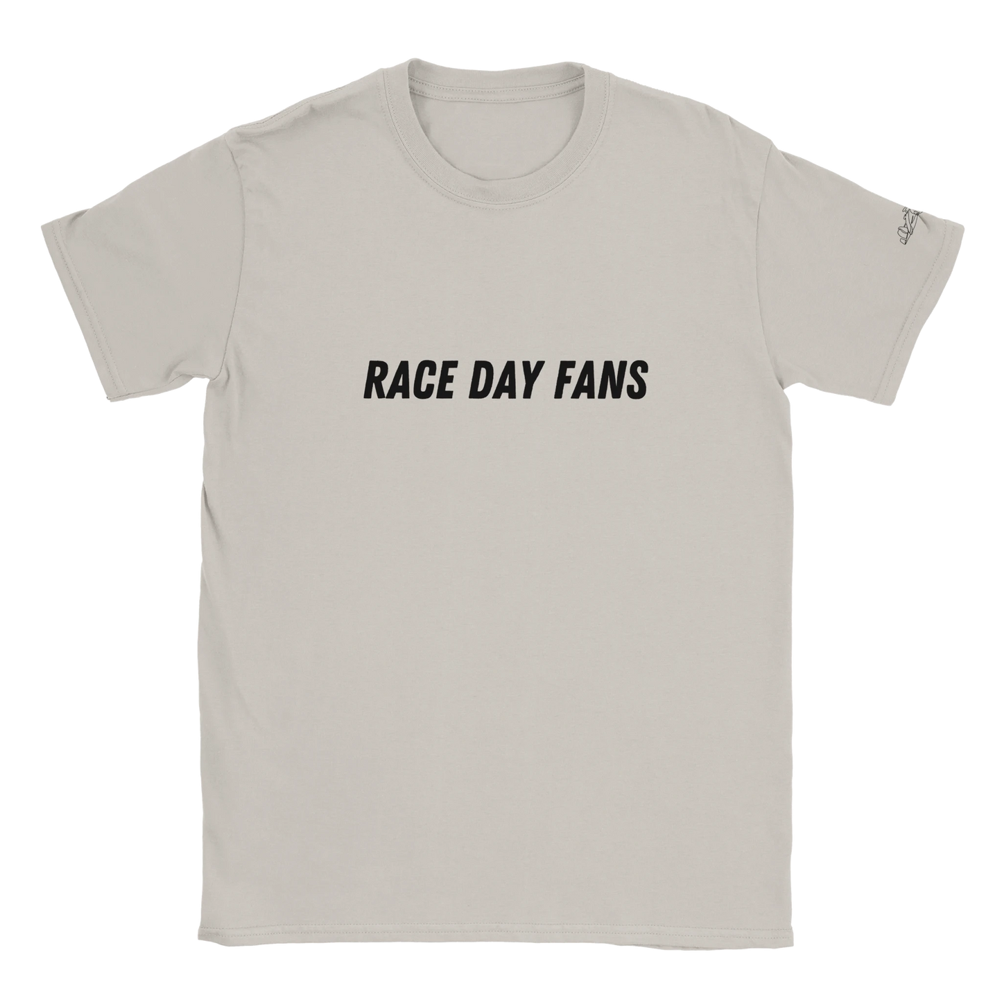 beige short sleeved F1 fan merch Tshirt featuring race day fans text logo