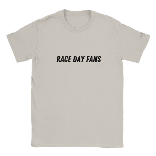 beige short sleeved F1 fan merch Tshirt featuring race day fans text logo